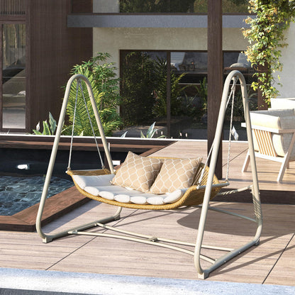 Outdoor Rattan Patio Porch Swing, 2-Seat Hanging Swing Chair with Thickened Cushions and Pillow