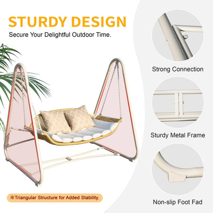 Outdoor Rattan Patio Porch Swing, 2-Seat Hanging Swing Chair with Thickened Cushions and Pillow