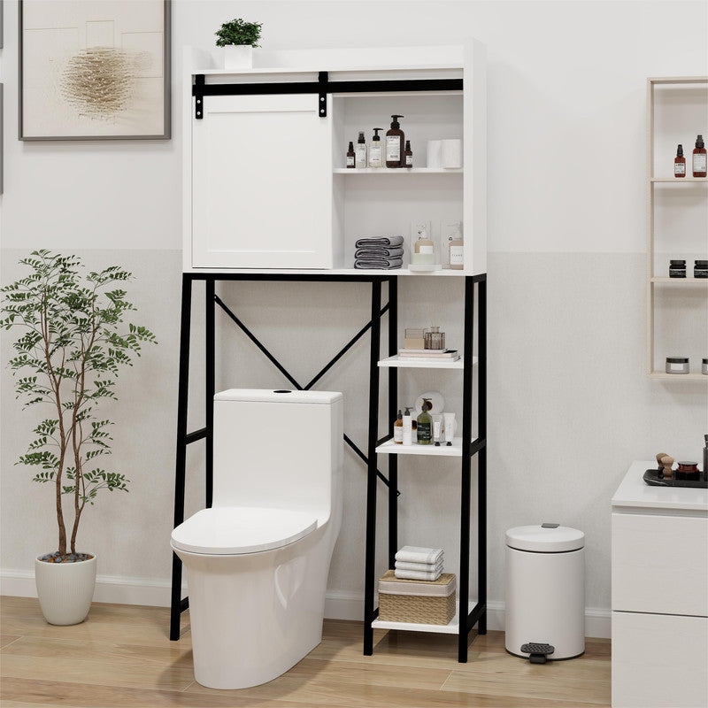 Toilet Storage Cabinet, Bathroom Shelves Over Toilet with Sliding Barn Door, Adjustable Shelves and Side Storage Rack
