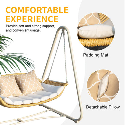 Outdoor Rattan Patio Porch Swing, 2-Seat Hanging Swing Chair with Thickened Cushions and Pillow