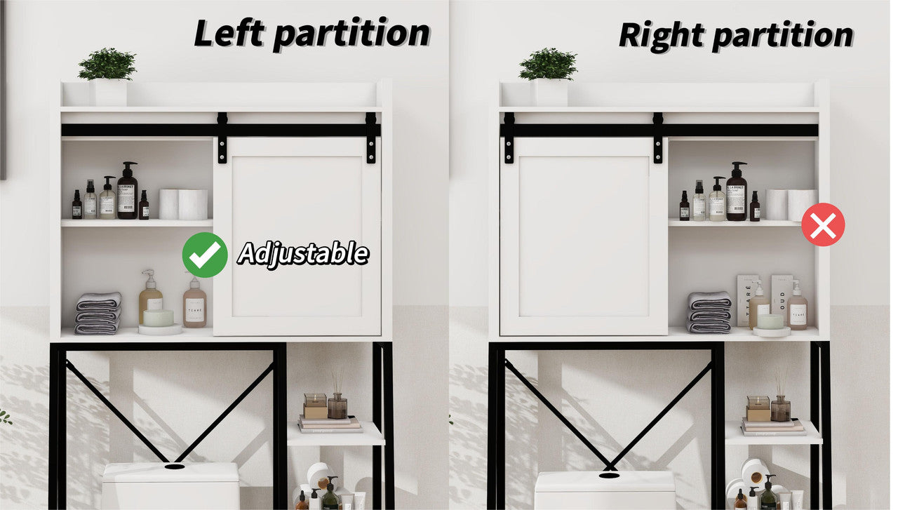 Toilet Storage Cabinet, Bathroom Shelves Over Toilet with Sliding Barn Door, Adjustable Shelves and Side Storage Rack