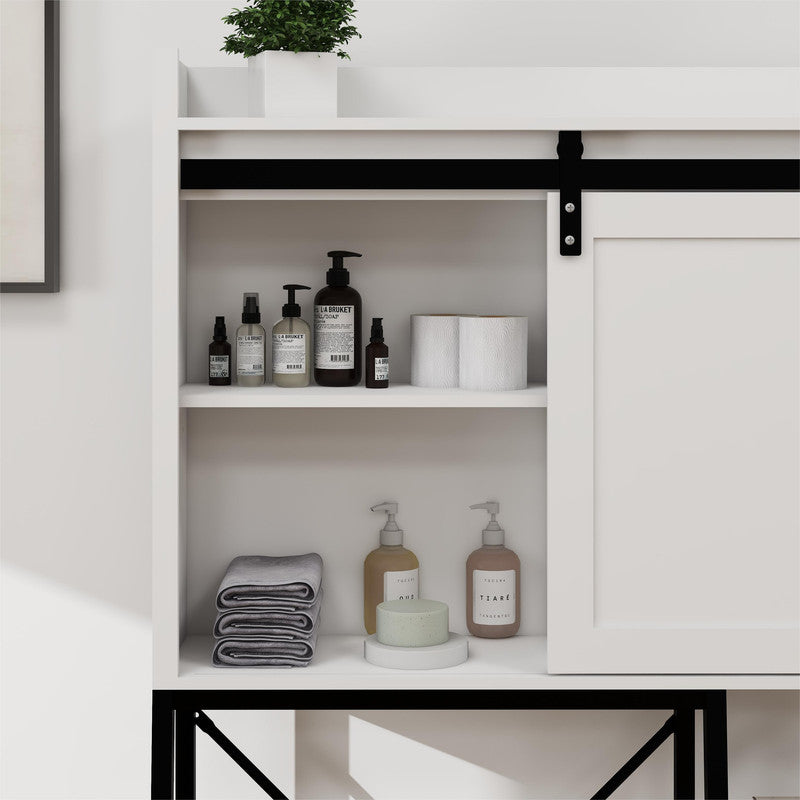 Toilet Storage Cabinet, Bathroom Shelves Over Toilet with Sliding Barn Door, Adjustable Shelves and Side Storage Rack