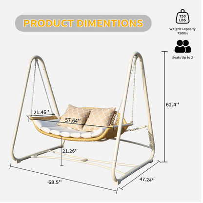 Outdoor Rattan Patio Porch Swing, 2-Seat Hanging Swing Chair with Thickened Cushions and Pillow