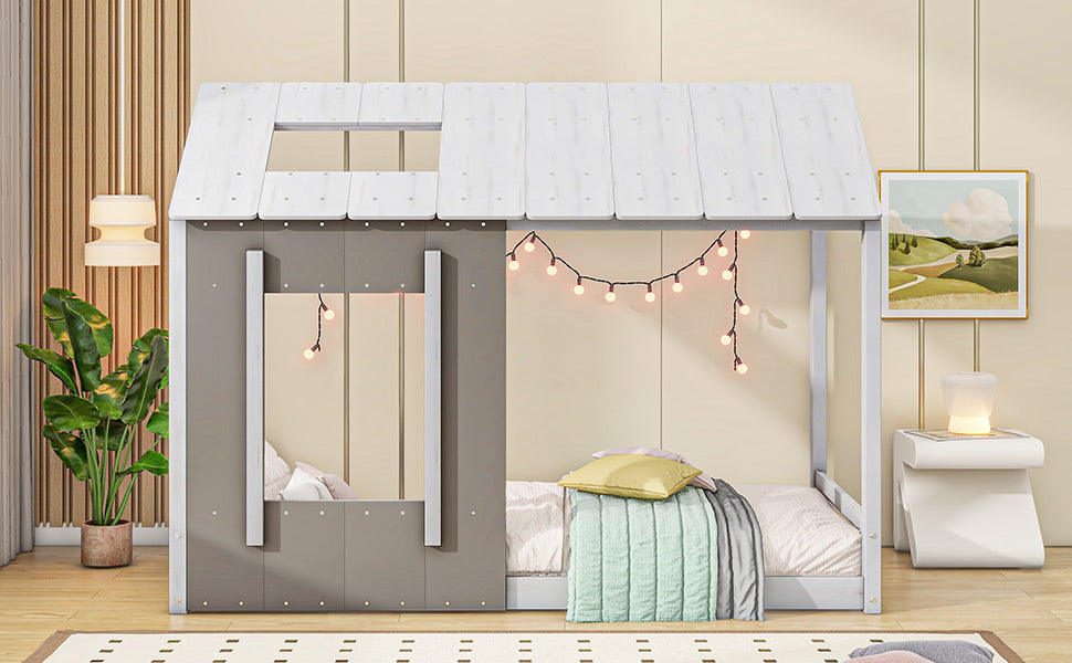 Twin Size Platform Bed with Roof and Window