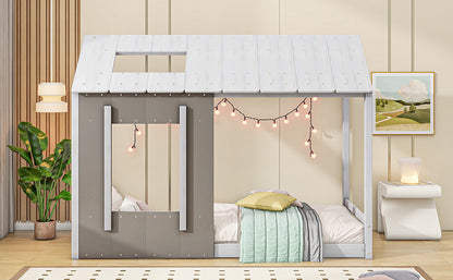 Twin Size Platform Bed with Roof and Window