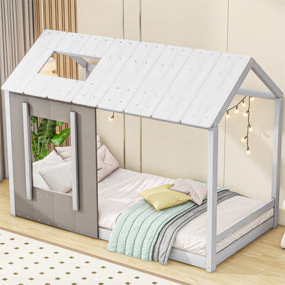 Twin Size Platform Bed with Roof and Window