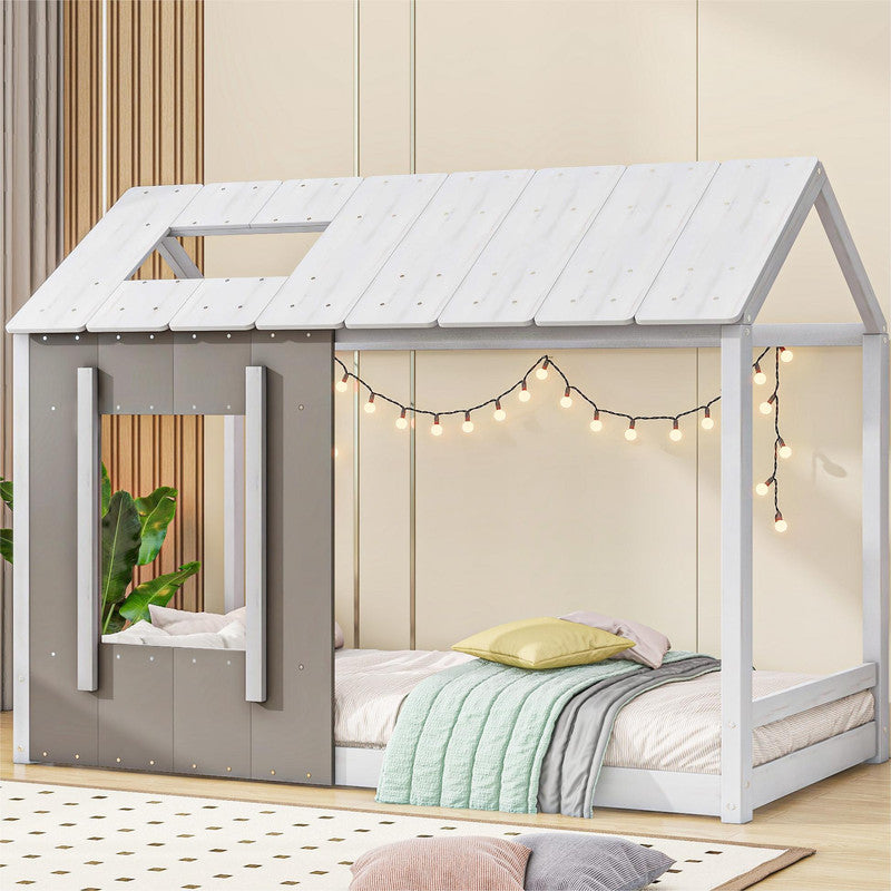 Twin Size Platform Bed with Roof and Window