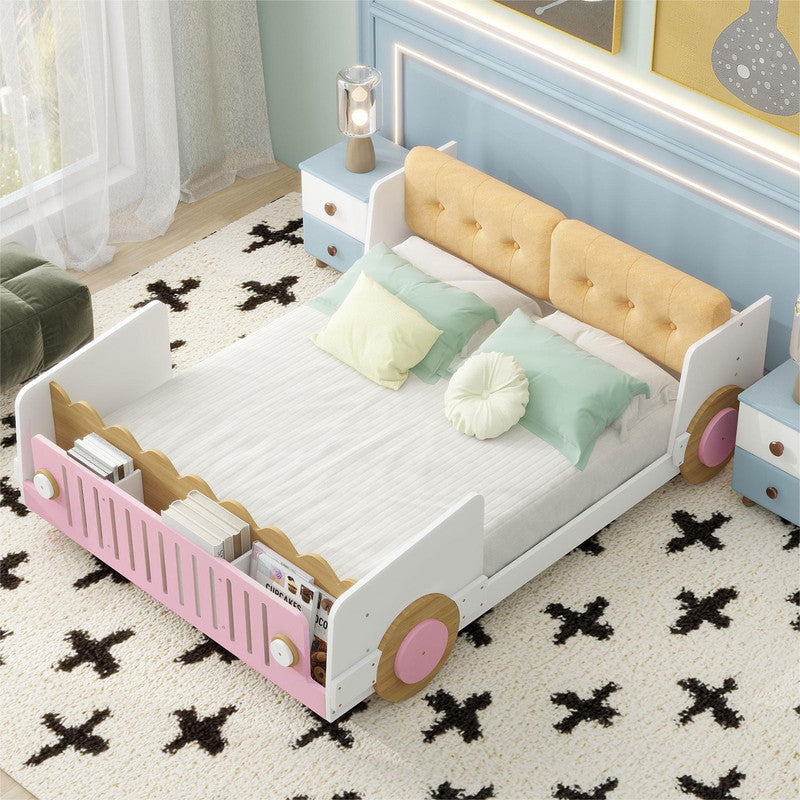 Full Size Car-shaped Platform Bed with Soft Cushion and Shelves