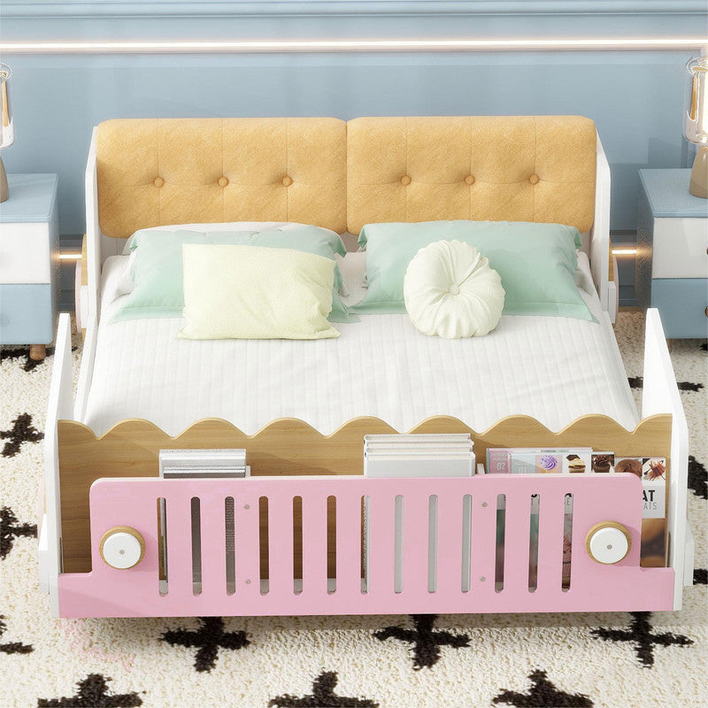 Full Size Car-shaped Platform Bed with Soft Cushion and Shelves