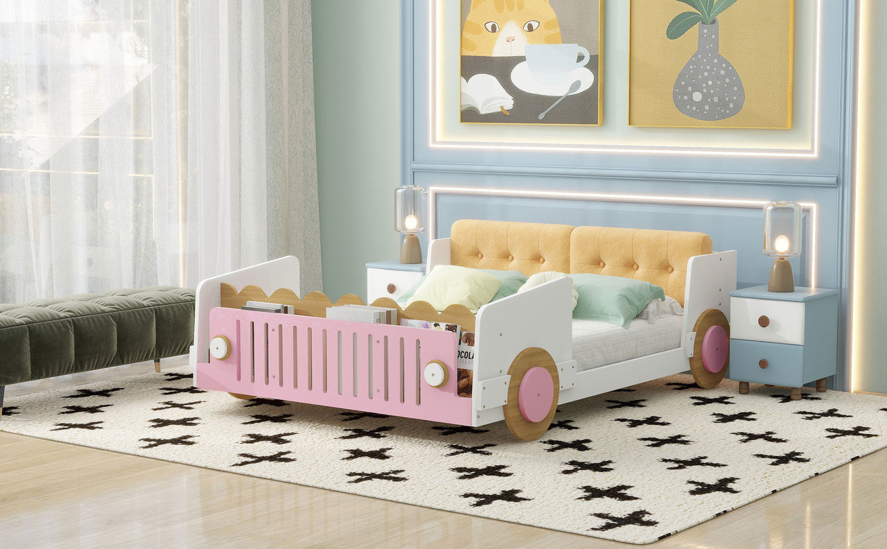Full Size Car-shaped Platform Bed with Soft Cushion and Shelves