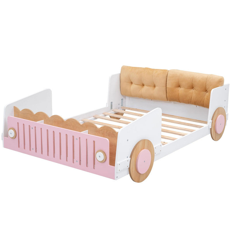 Full Size Car-shaped Platform Bed with Soft Cushion and Shelves