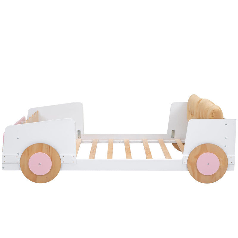 Full Size Car-shaped Platform Bed with Soft Cushion and Shelves