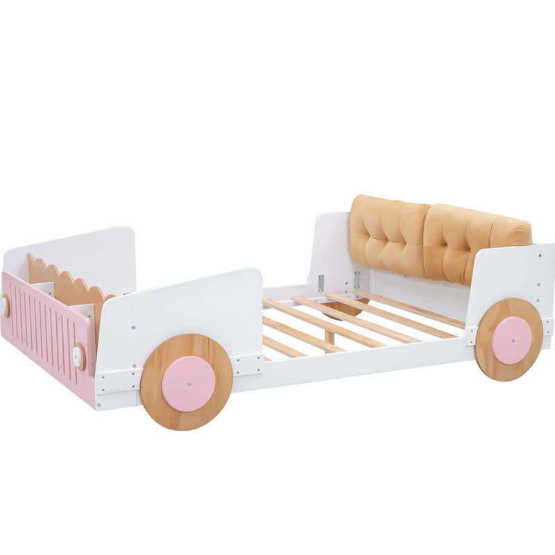 Full Size Car-shaped Platform Bed with Soft Cushion and Shelves