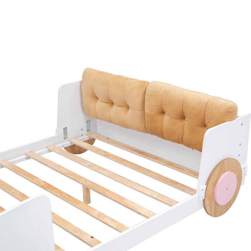Full Size Car-shaped Platform Bed with Soft Cushion and Shelves