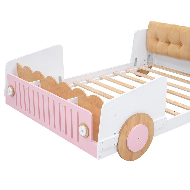 Full Size Car-shaped Platform Bed with Soft Cushion and Shelves
