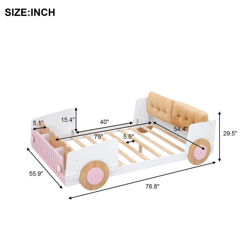 Full Size Car-shaped Platform Bed with Soft Cushion and Shelves