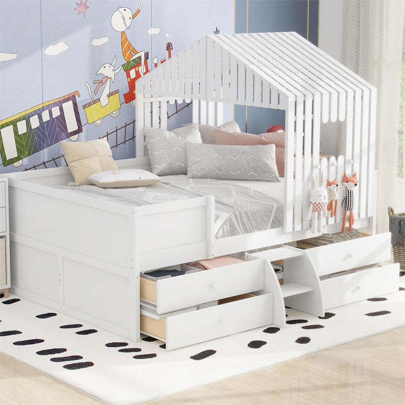 Full Size Low Loft Bed with Four Drawers