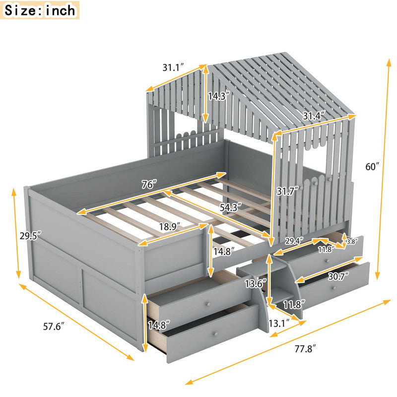 Full Size Low Loft Bed with Four Drawers