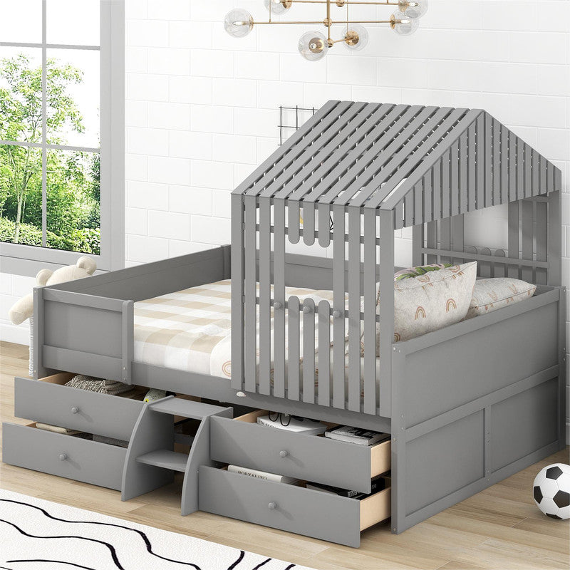 Full Size Low Loft Bed with Four Drawers