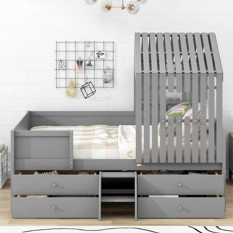 Full Size Low Loft Bed with Four Drawers