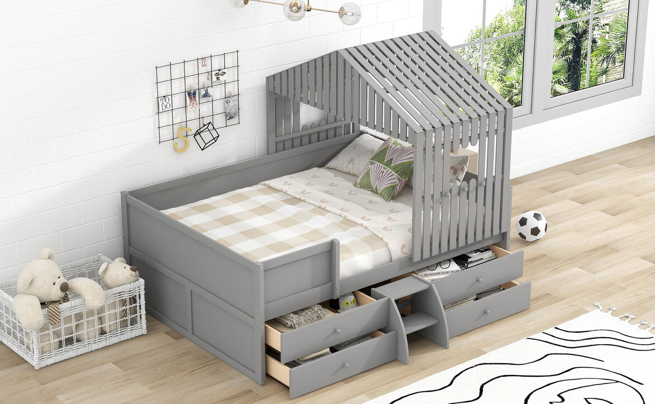 Full Size Low Loft Bed with Four Drawers