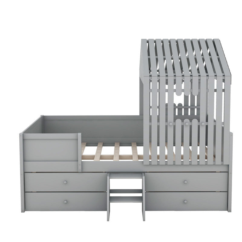 Full Size Low Loft Bed with Four Drawers
