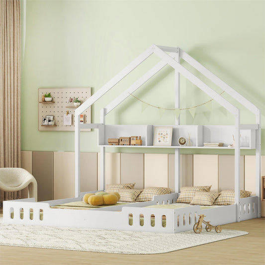 Wood Twin Size Platform Bed Two Shared Beds with Shelves and Guardrail