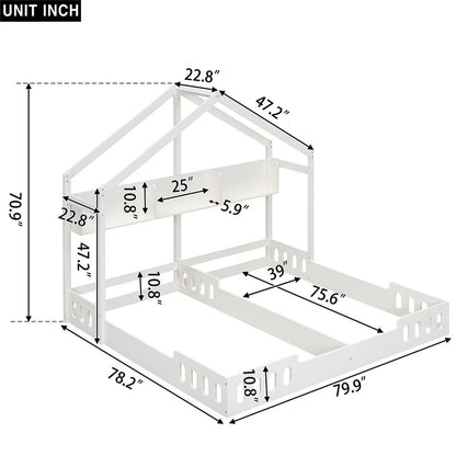 Wood Twin Size Platform Bed Two Shared Beds with Shelves and Guardrail