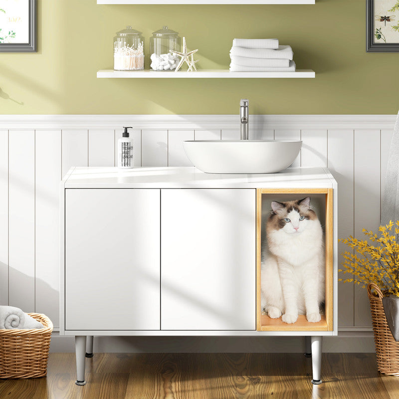 Bathroom Sink Cabinet with Cat Litter Box Enclosure, Hidden Litter Pet Washroom with Divider