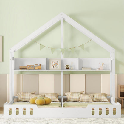 Wood Twin Size Platform Bed Two Shared Beds with Shelves and Guardrail