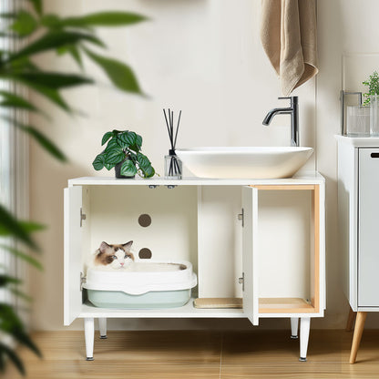 Bathroom Sink Cabinet with Cat Litter Box Enclosure, Hidden Litter Pet Washroom with Divider