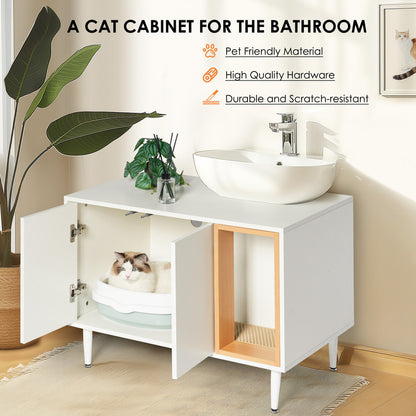 Bathroom Sink Cabinet with Cat Litter Box Enclosure, Hidden Litter Pet Washroom with Divider