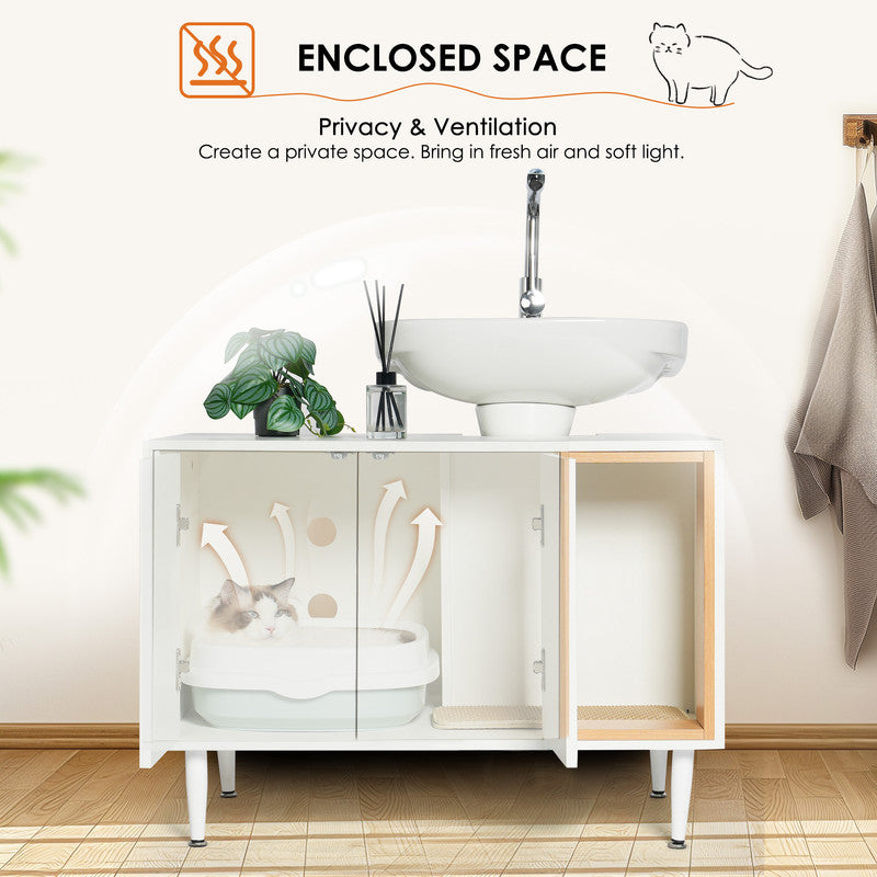 Bathroom Sink Cabinet with Cat Litter Box Enclosure, Hidden Litter Pet Washroom with Divider