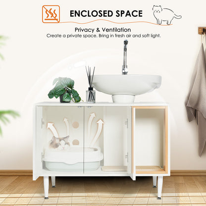 Bathroom Sink Cabinet with Cat Litter Box Enclosure, Hidden Litter Pet Washroom with Divider