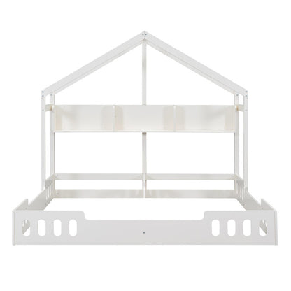 Wood Twin Size Platform Bed Two Shared Beds with Shelves and Guardrail