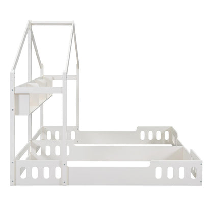 Wood Twin Size Platform Bed Two Shared Beds with Shelves and Guardrail