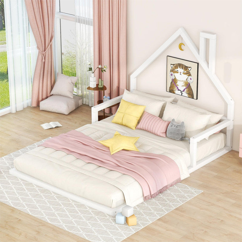 Full Size Wood Floor Bed with House-shaped Headboard