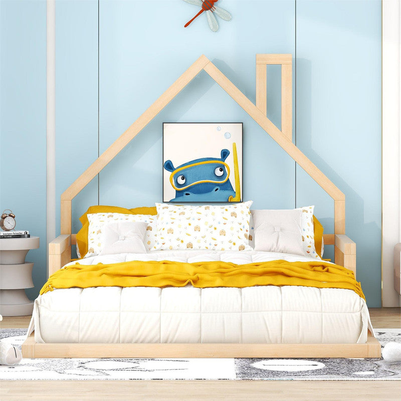 Full Size Wood Floor Bed with House-shaped Headboard