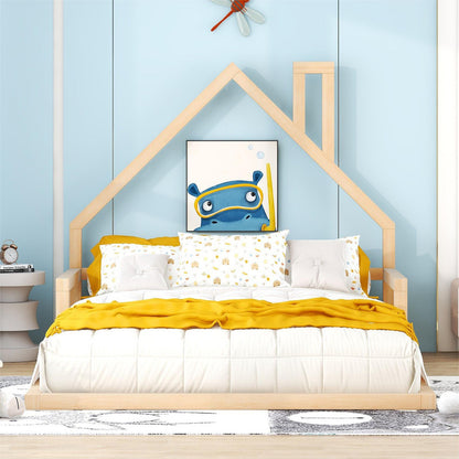 Full Size Wood Floor Bed with House-shaped Headboard