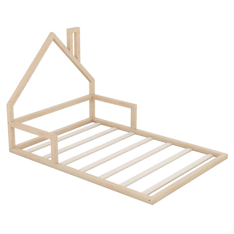 Full Size Wood Floor Bed with House-shaped Headboard