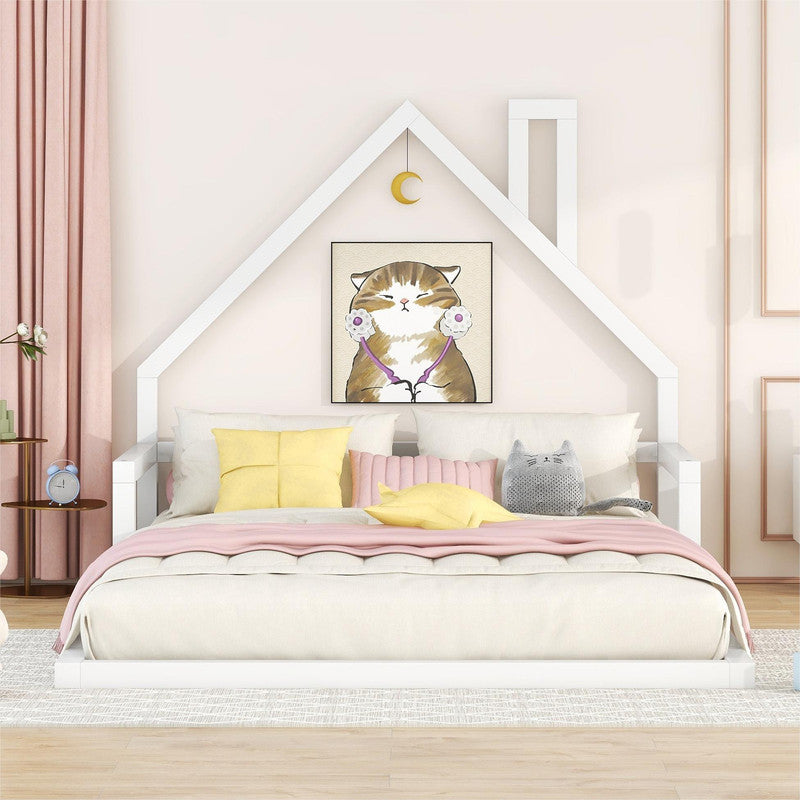 Full Size Wood Floor Bed with House-shaped Headboard