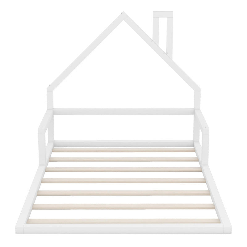 Full Size Wood Floor Bed with House-shaped Headboard