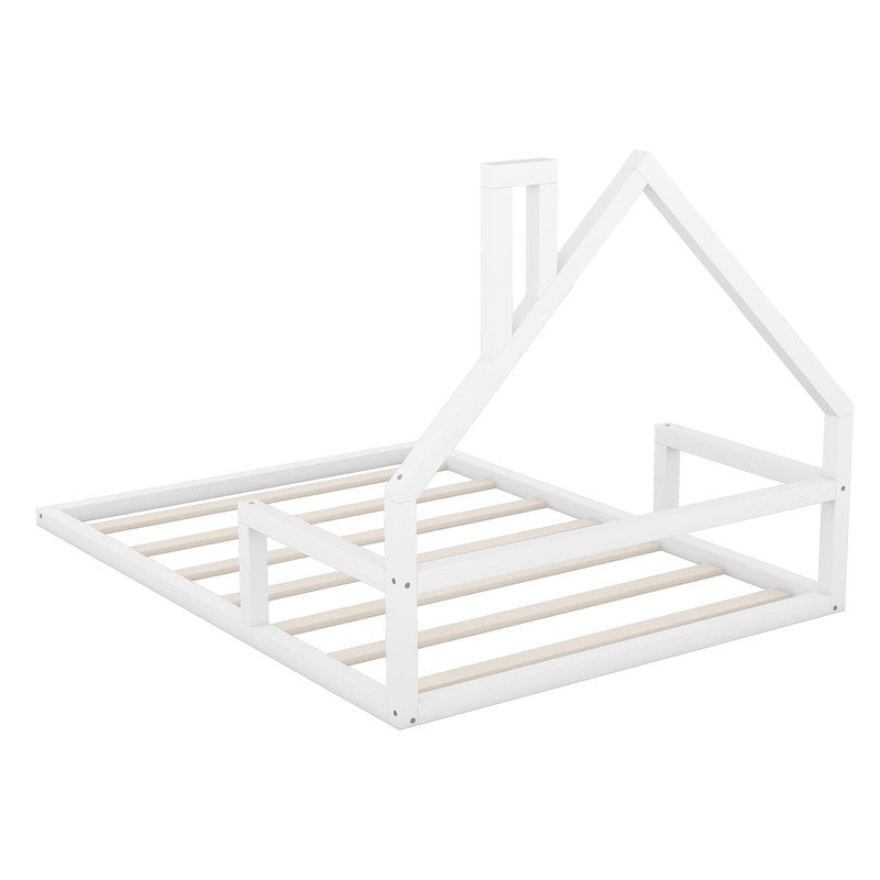 Full Size Wood Floor Bed with House-shaped Headboard