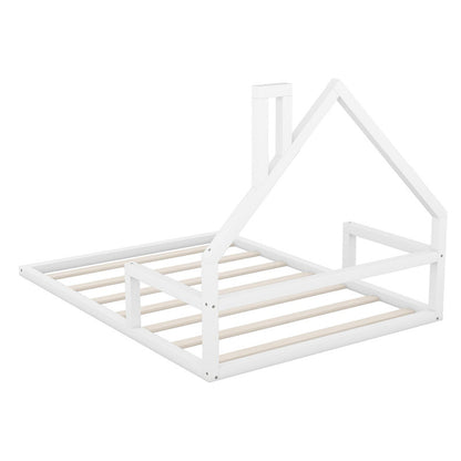 Full Size Wood Floor Bed with House-shaped Headboard