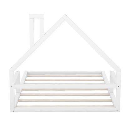 Full Size Wood Floor Bed with House-shaped Headboard