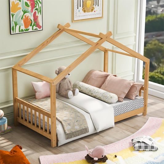 Twin Size Platform Bed with Headboard and Footboard Roof Design