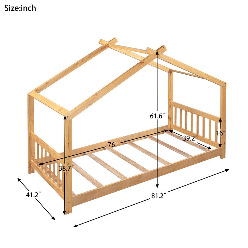 Twin Size Platform Bed with Headboard and Footboard Roof Design