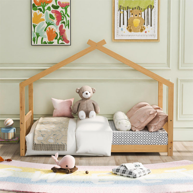 Twin Size Platform Bed with Headboard and Footboard Roof Design