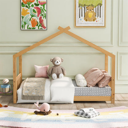 Twin Size Platform Bed with Headboard and Footboard Roof Design