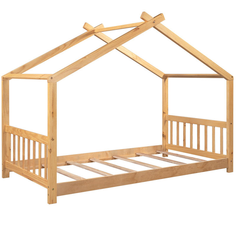 Twin Size Platform Bed with Headboard and Footboard Roof Design
